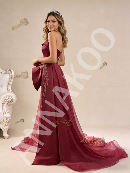 Shop 2026 ANNAKOO Flower Burgundy Tulle Strapless Sequins Beading Prom Dress Under 668