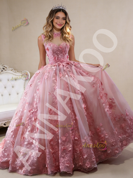 Shop 2026 ANNAKOO Tulle High Neck Cap Sleeve Pink Appliques Prom Dress Under 789