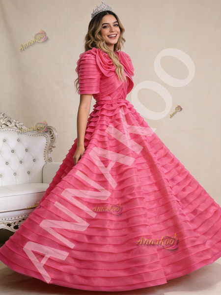 Shop 2026 ANNAKOO V-neck Pleats Tiers Fuchsia Prom Dress With Jacket Under 688