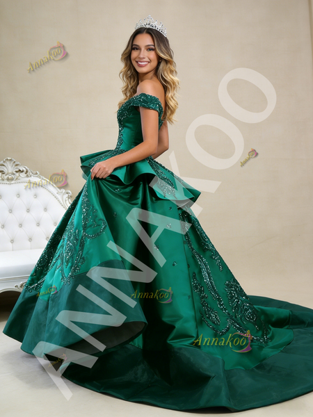 Off the Shoulder Sequins Appliques Green Satin Prom Dress