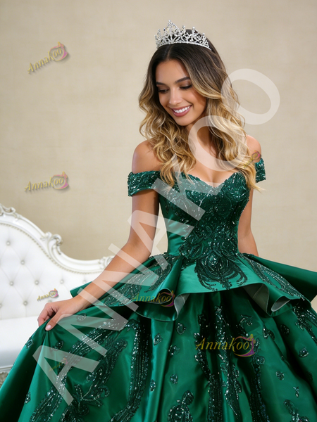 Shop 2026 ANNAKOO Off the Shoulder Sequins Appliques Green Satin Prom Dress Under 788