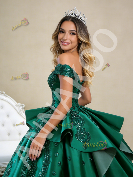 Shop 2026 ANNAKOO Off the Shoulder Sequins Appliques Green Satin Prom Dress Under 788