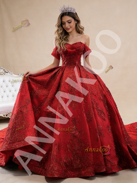 Shop 2026 ANNAKOO Sequins Off the Shoulder Red Tulle Pearls Prom Dress Under 888