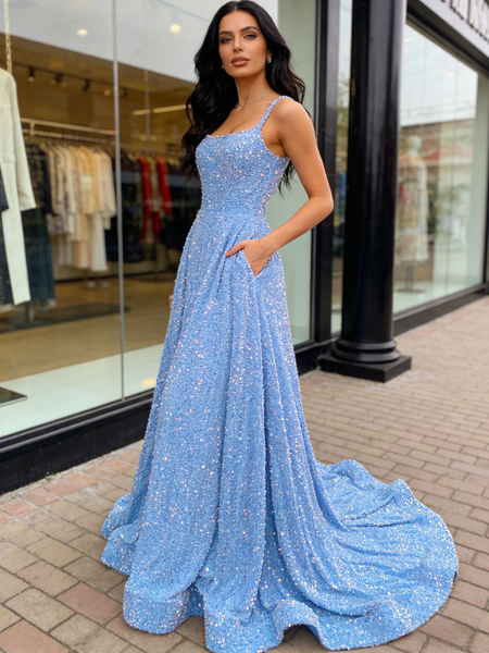 Shop 2026 ANNAKOO Straps Sequin A Line Blue Prom Dress With Pockets Under 149