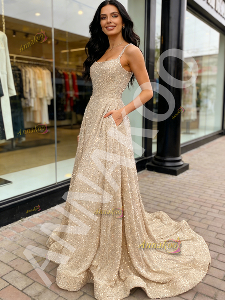 Shop 2026 ANNAKOO Straps Sequin A Line Blue Prom Dress With Pockets Under 149