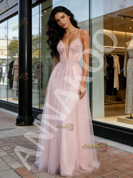 Shop 2026 ANNAKOO Light Blue V Neck Tulle Beading A Line Prom Dress Under 159