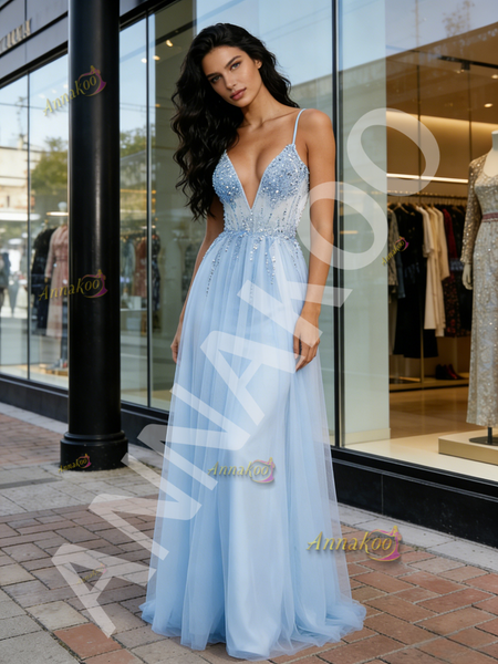 Shop 2026 ANNAKOO Light Blue V Neck Tulle Beading A Line Prom Dress Under 159