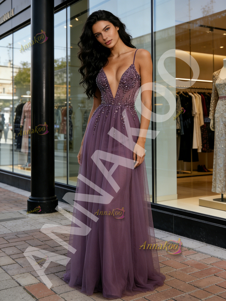 Shop 2026 ANNAKOO Light Blue V Neck Tulle Beading A Line Prom Dress Under 159