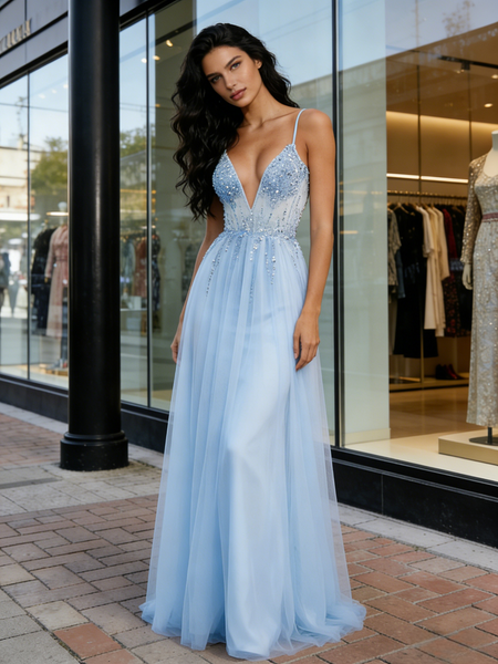 Shop 2026 ANNAKOO Light Blue V Neck Tulle Beading A Line Prom Dress Under 159