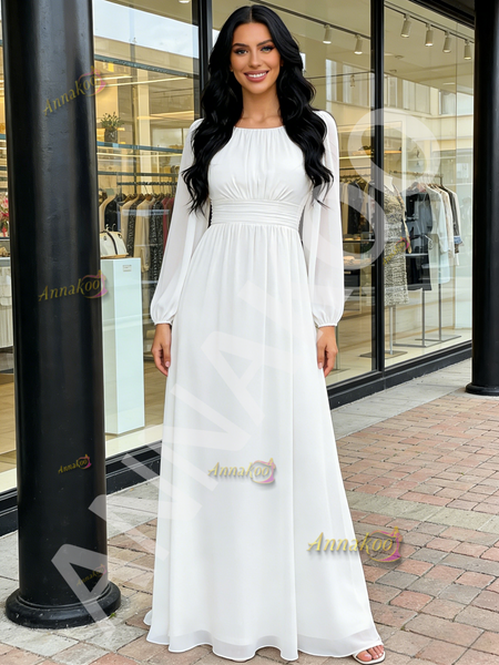 Shop 2026 ANNAKOO Chiffon Long Sleeve Scoop A Line White Prom Dress Under 129