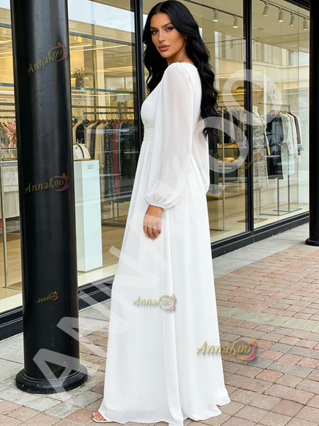 Shop 2026 ANNAKOO Chiffon Long Sleeve Scoop A Line White Prom Dress Under 129