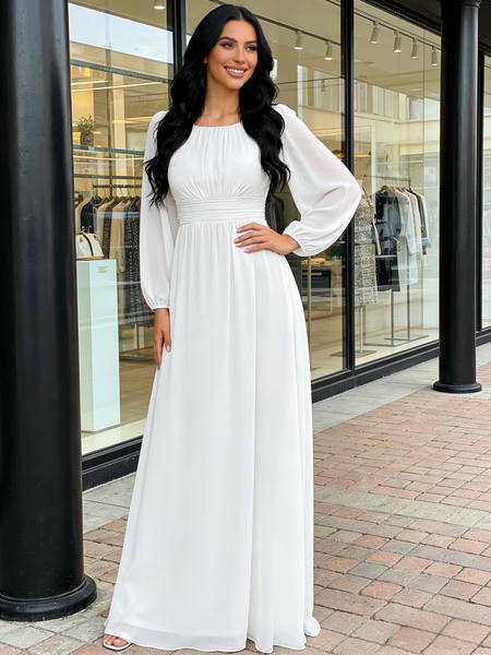 Shop 2026 ANNAKOO Chiffon Long Sleeve Scoop A Line White Prom Dress Under 129