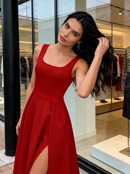 Shop 2026 ANNAKOO Red Straps A Line Satin Simple Pockets Prom Dress With Slit Under 98