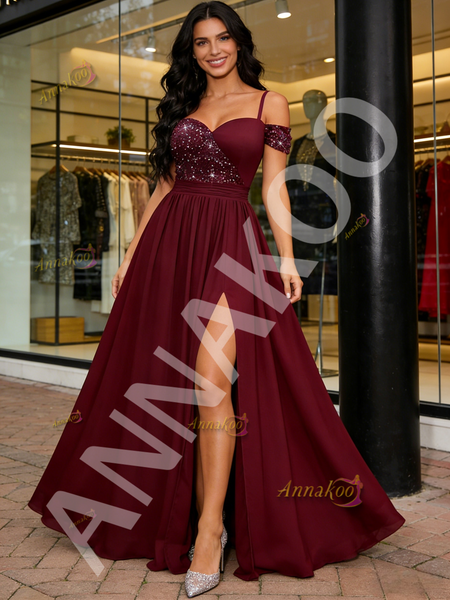 Shop 2026 ANNAKOO Navy Blue A Line Beading Chiffon Prom Dress With Slit Under 149
