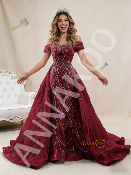 Shop Annakoo Mermaid Sequins Burgundy Tulle Off the Shoulder Pleats Prom Dress Under 788