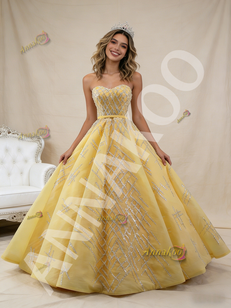Shop 2026 ANNAKOO Yellow Tulle Strapless Sequins Beading Prom Dress Under 688