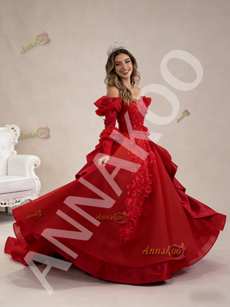 Shop 2026 ANNAKOO Backless 3D Red Long Sleeve Appliques Prom Dress Under 788