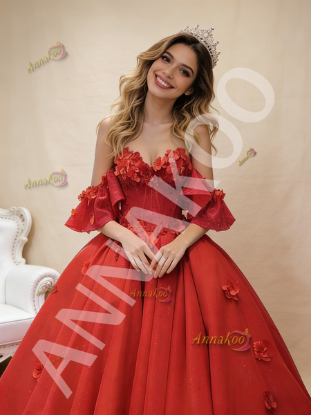 Shop 2026 ANNAKOO Red Tulle Sequins Strapless 3D Flower Prom Dress Under 789