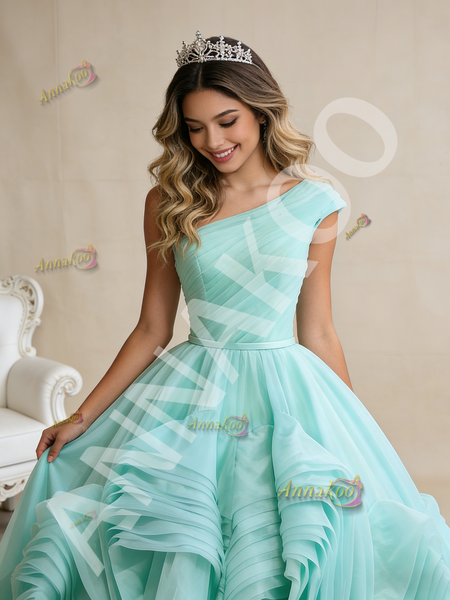 Shop 2026 ANNAKOO Tulle One Shoulder Pleats Light Green Prom Dress Under 788
