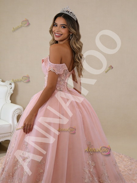 Shop 2026 ANNAKOO Off the Shoulder 3D Pink Tulle Flower Prom Dress Under 855