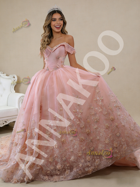 Shop 2026 ANNAKOO Off the Shoulder 3D Pink Tulle Flower Prom Dress Under 855