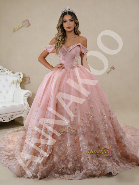 Shop 2026 ANNAKOO Off the Shoulder 3D Pink Tulle Flower Prom Dress Under 855