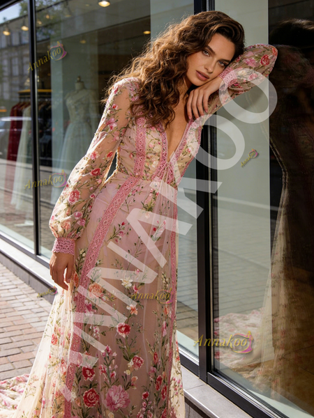 Long Sleeve Pink Lace A Line V Neck Floral Prom Dress
