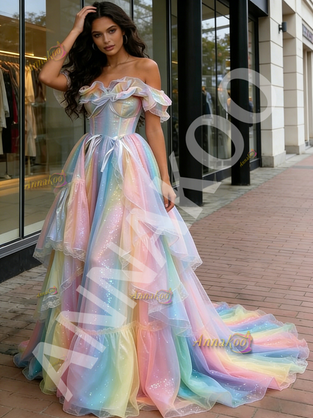 Shop 2026 ANNAKOO Off The Shoulder Sparkle Tulle Rainbow A Line Prom Dress Under 248