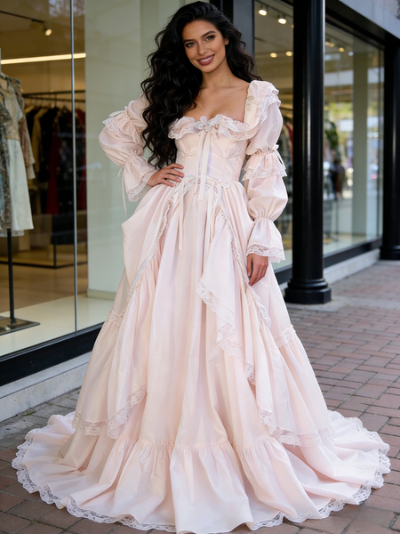 Shop 2026 ANNAKOO Pink Square Long Sleeve Satin Lace Ruffles Wedding Dress Under 249