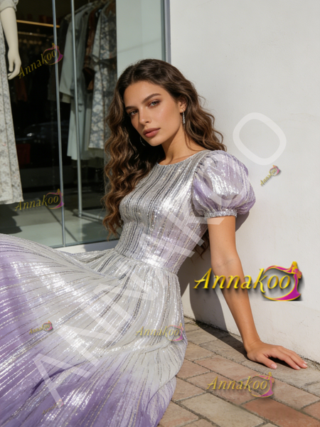 Shop 2026 ANNAKOO Scoop Short Sleeves A Line Purple Sequin Tulle Prom Dress With Slit Under 229