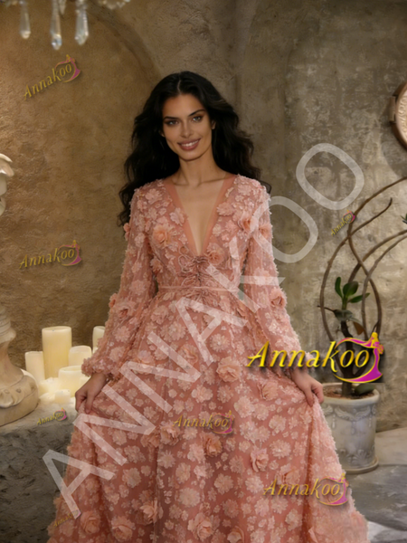 Shop 2026 ANNAKOO V Neck Long Sleeve Coral Lace Floral Prom Dress Under 299