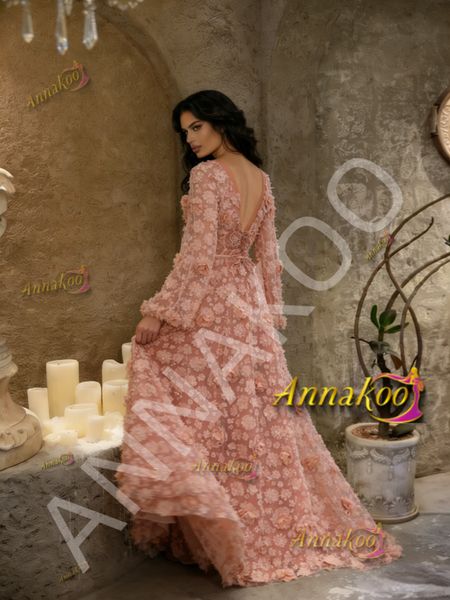 V Neck Long Sleeve Coral Lace Floral Prom Dress