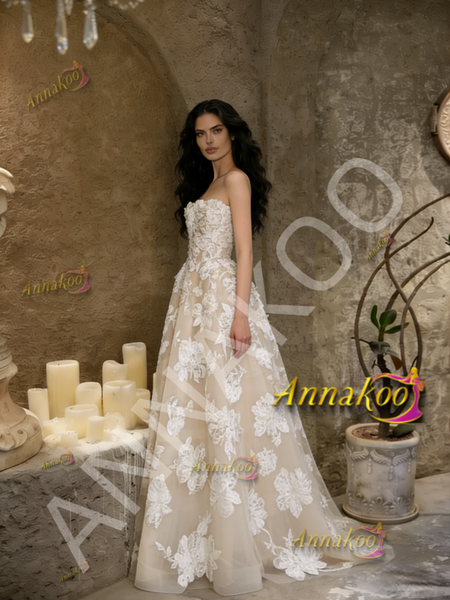 Shop 2026 ANNAKOO Champagne Lace Appliques Tulle Strapless A Line Wedding Dress Under 189