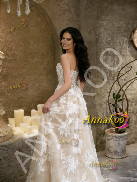 Shop 2026 ANNAKOO Champagne Lace Appliques Tulle Strapless A Line Wedding Dress Under 189