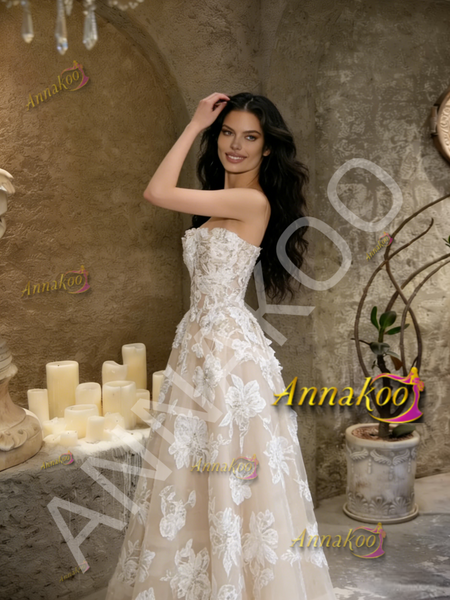 Shop 2026 ANNAKOO Champagne Lace Appliques Tulle Strapless A Line Wedding Dress Under 189