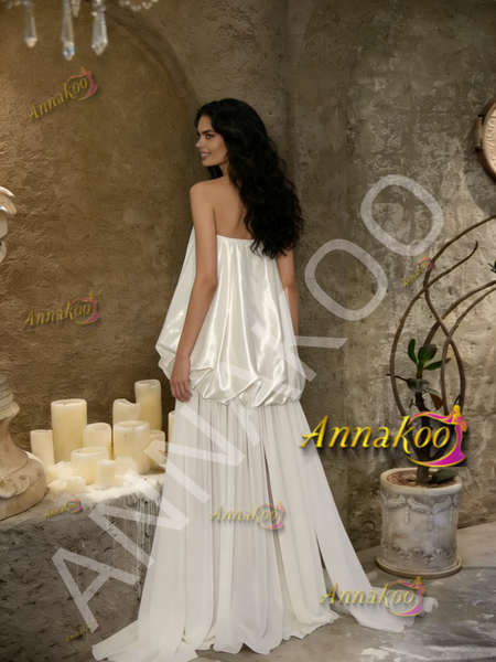 Shop 2026 ANNAKOO Strapless Satin & Chiffon A Line White Wedding Dress Under 189