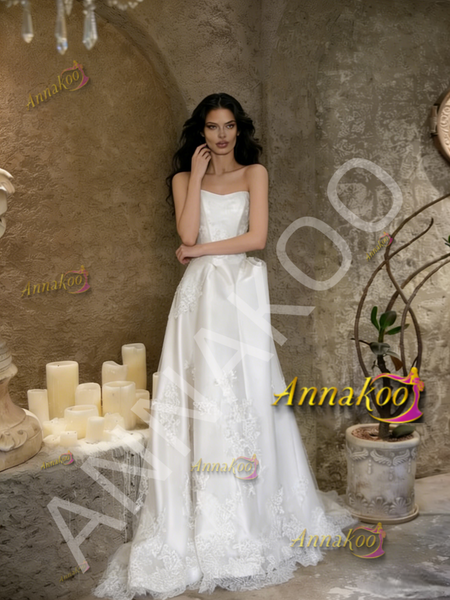 Shop 2026 ANNAKOO Satin Appliques Strapless A Line White Wedding Dress Under 189