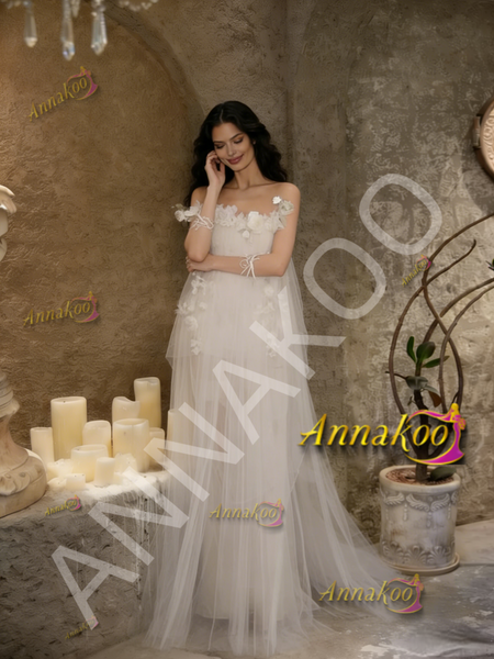 Shop 2026 ANNAKOO Off The Shoulder Tulle Flower White  A Line Wedding Dress Under 190