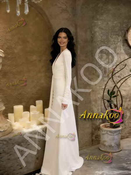 Shop 2026 ANNAKOO Satin V Neck Long Sleeves A Line Backless Wedding Dress Under 189