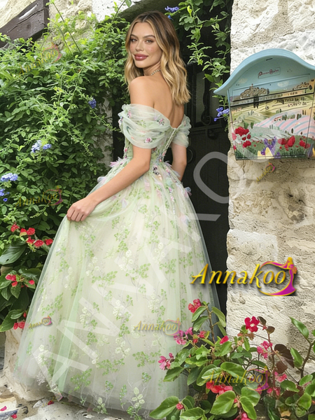 Shop 2026 ANNAKOO Off The Shoulder Green Tulle Floral Prom Dress Under 229 