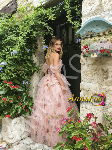 Shop 2026 ANNAKOO Pink Floral Off  The Shoulder Tulle A Line Prom Dress Under 229