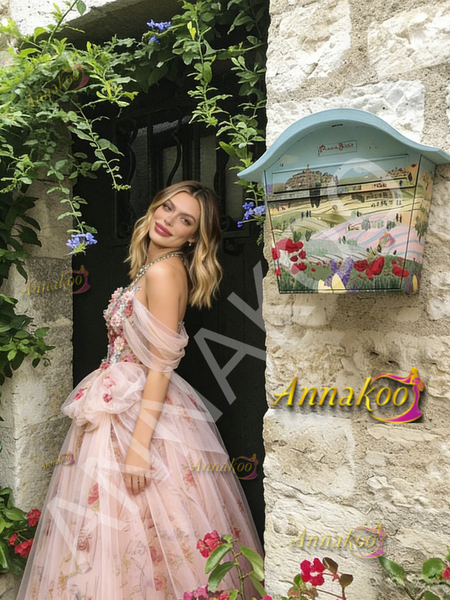 Shop 2026 ANNAKOO Pink Floral Off  The Shoulder Tulle A Line Prom Dress Under 229