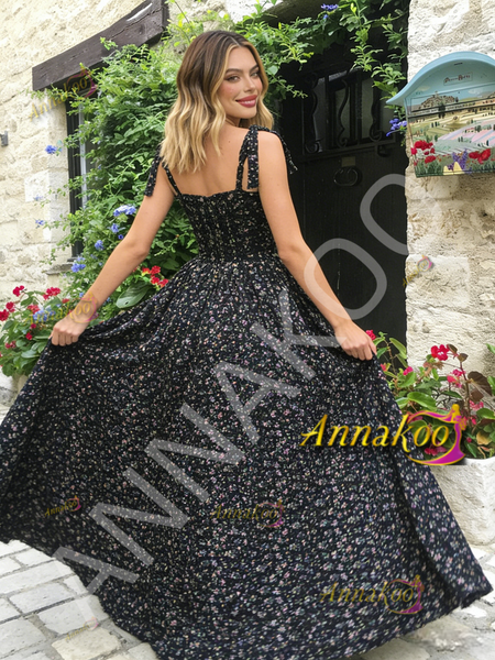 Shop 2026 ANNAKOO Tie Straps A Line Tulle Print Floral Black Prom Dress Under 189