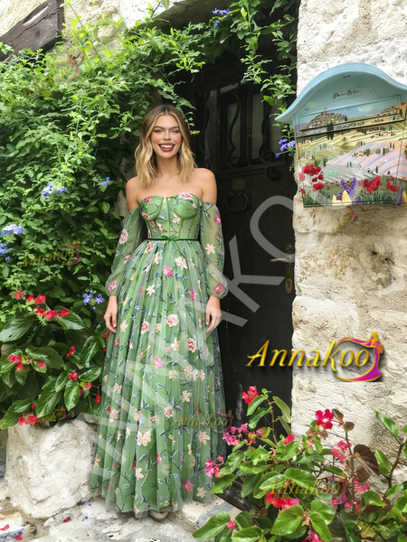Shop 2026 ANNAKOO Green Off The Shoulder Floral Tulle A Line Prom Dress Under 198