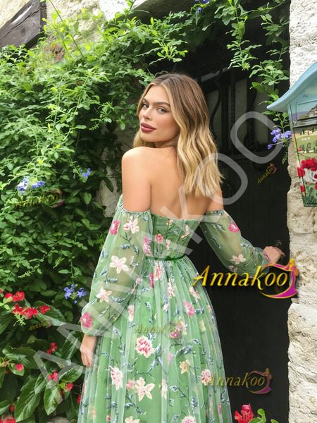 Shop 2026 ANNAKOO Green Off The Shoulder Floral Tulle A Line Prom Dress Under 198