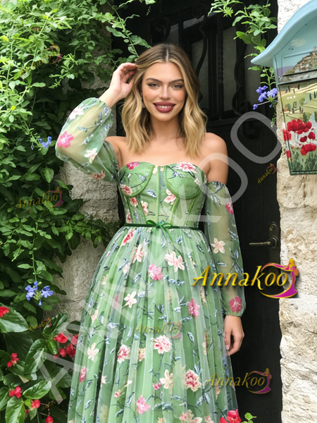 Shop 2026 ANNAKOO Green Off The Shoulder Floral Tulle A Line Prom Dress Under 198
