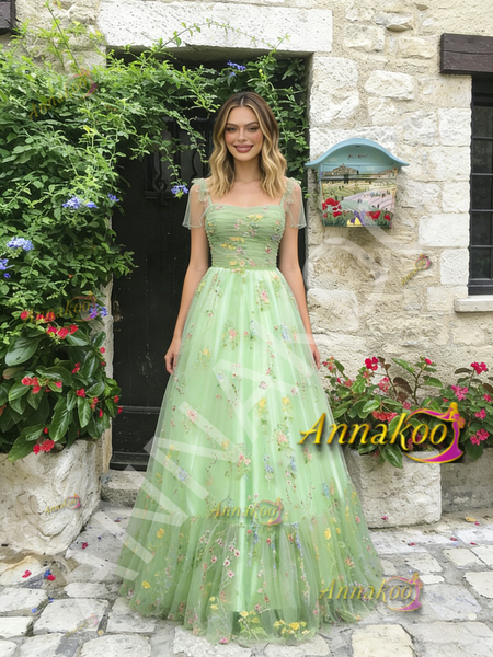 Shop 2026 ANNAKOO Tie Straps Tulle A Line Green Floral Prom Dress Under 189