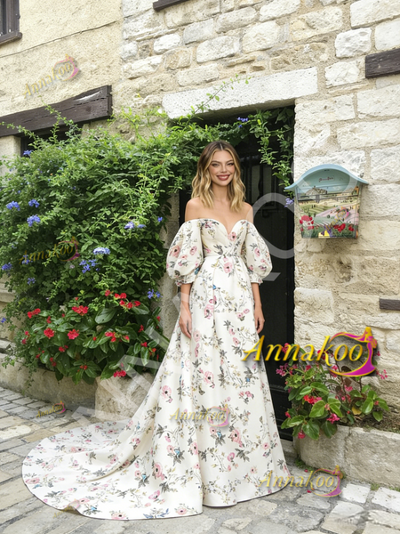 Shop 2026 ANNAKOO Puffy Sleeves A Line Satin Sweep Train Floral Prom Dress Under 279