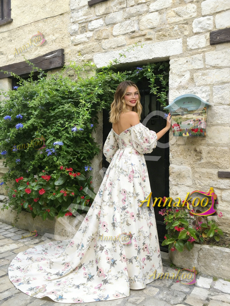 Shop 2026 ANNAKOO Puffy Sleeves A Line Satin Sweep Train Floral Prom Dress Under 279