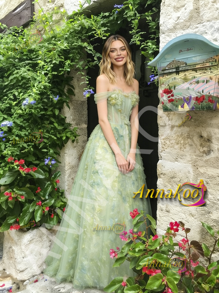 Shop 2026 ANNAKOO Off The Shoulder Tulle Green Floral A Line Prom Dress Under 189